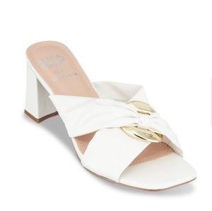 White slip on pleather gold buckle sandals